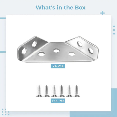 Beefy Built To Last 24 Pack Stainless Steel Corner Braces Set for Cabinets and Shelves, shown with screws, multi-hole design.
