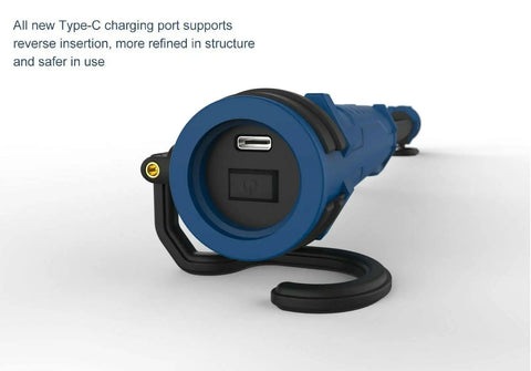 Rechargeable Portable COB LED And UV Work Light with USB-C port and 360 swivel hooks for Garage Shop DIY Projects shown from rear