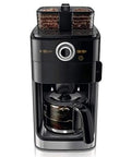 High Power 1000W Drip Coffee Maker With Built In Grinder Double Bean Trays Insulation System Timed Brew Anti Drip Design Fine Filter Mellow Agitation 1.2L Water Tank Black Home Coffee Machine