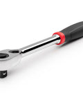 Half Inch Drive Ten And One Half Inch Quick Release Comfort Grip Ratchet With 90 Tooth Gear And Ultra Compact Head shown from side view