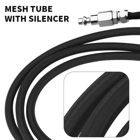 Mesh tube with silencer for pneumatic tools, showcasing black flexible material and connector attachment.
