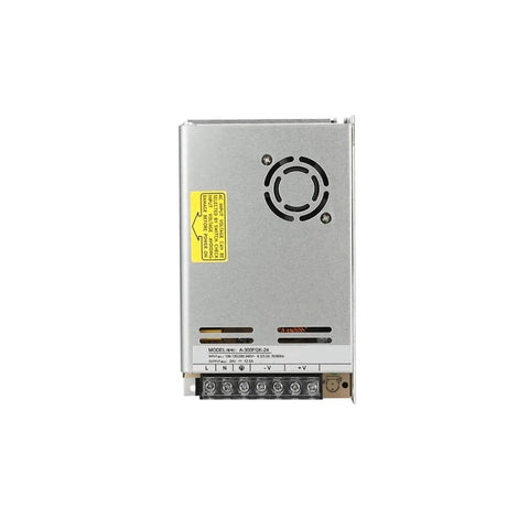 Pro Level 24 Volt Industrial Power Supply 300 Watt 12.5A Switching AC To DC Converter heavy duty frame rear view with connections.