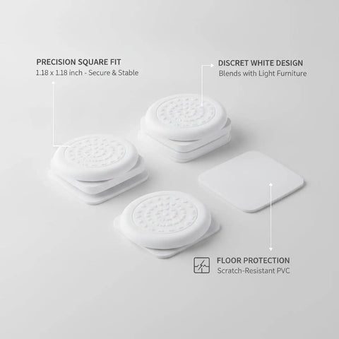 Eight Pack White Square Furniture Leg Pads 1.18 Inch PVC Floor Protectors for Chairs and Tables on flat surface