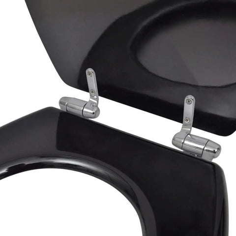 Top Tier Soft Close Toilet Seat Drop Down Lid In Sleek Matte Black Sturdy Mdf Panel Zero Slam Motion hinges detail