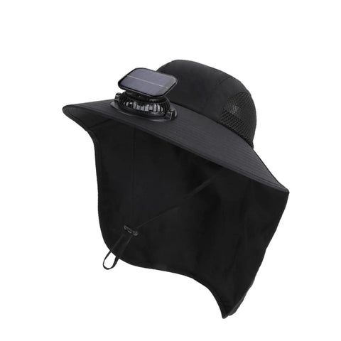 Solar Powered Fan Hat With Detachable USB Solar Power, Wide Brim Sun Shield, Adjustable Fit, Breathable Nylon in Outdoorsy Black