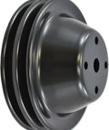 Complete Semi Gloss Black Steel V Belt 2 Groove Long Water Pump LWP Crank Pulleys With Alternator And Power Steering Brackets Kit For SBC Chevy Small Block 350 327 Engines Up To 1978 Ready To Install, front view