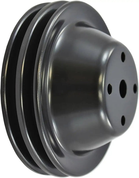 Complete Semi Gloss Black Steel V Belt 2 Groove Long Water Pump LWP Crank Pulleys With Alternator And Power Steering Brackets Kit For SBC Chevy Small Block 350 327 Engines Up To 1978 Ready To Install, front view