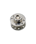 360-degree free-stop disk damping hinge with flange base and multiple screw holes, silver metal.