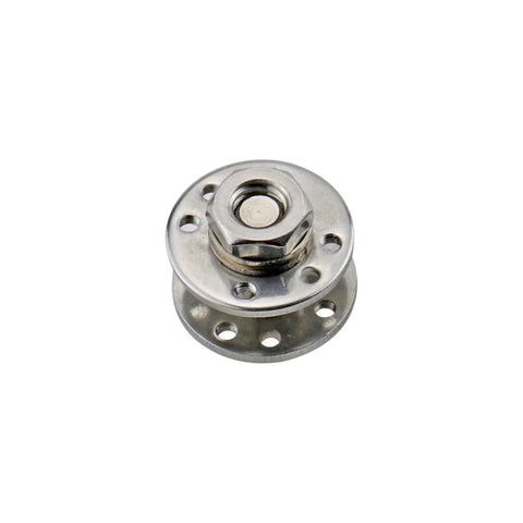 360-degree free-stop disk damping hinge with flange base and multiple screw holes, silver metal.