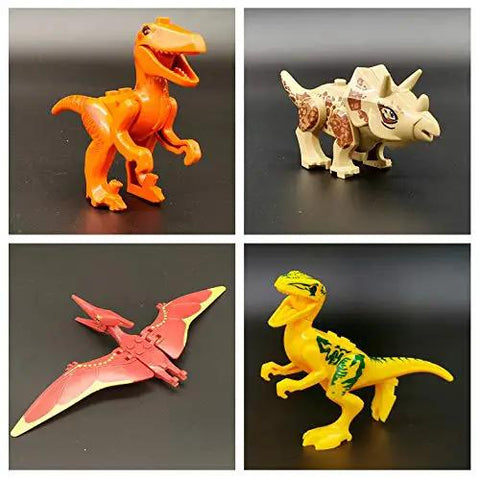 20 Piece Dino Figures Set For Jurassic World Building Blocks with moving parts featuring T-Rex, Triceratops, Pterodactyl, Velociraptor