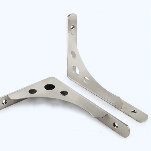 Heavy Duty Shelf Brackets Built Tough For Wall Mounted Floating Shelves Stainless Steel L Bracket angled view with holes