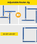 Heavy Duty Adjustable Juice Groove Routing Jig Built From Tough Anodized Aluminum With Secure Hold Downs And Precision Centering Blocks, showing size 23-1/2" x 23-1/2".