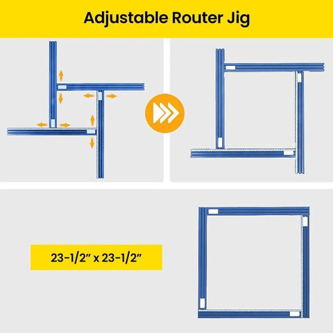 Heavy Duty Adjustable Juice Groove Routing Jig Built From Tough Anodized Aluminum With Secure Hold Downs And Precision Centering Blocks, showing size 23-1/2" x 23-1/2".