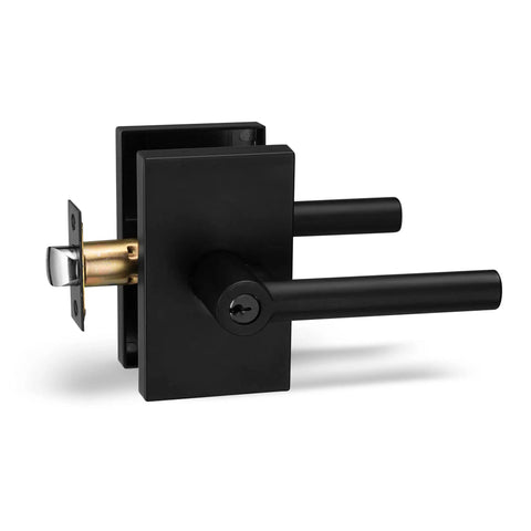 Heavy Duty Entry Lever Door Handle Set With Single Cylinder Deadbolt Lock For Front Door Or Office Reversible Right And Left Handed Modern Iron Black Finish Designer Series Security Lever Handle, shown from side