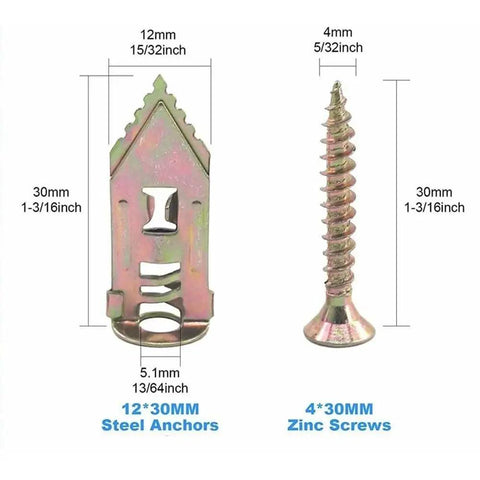 Heavy Duty Self Drilling Drywall Anchors And Screws Kit With 50 Pieces For Quick Secure Hollow Wall Mounts Deep Thread Design Delivers Strong Holds In Drywall And More Large Capacity Expansion Set For DIY Projects, 12x30mm steel anchor and 4x30mm zinc screw