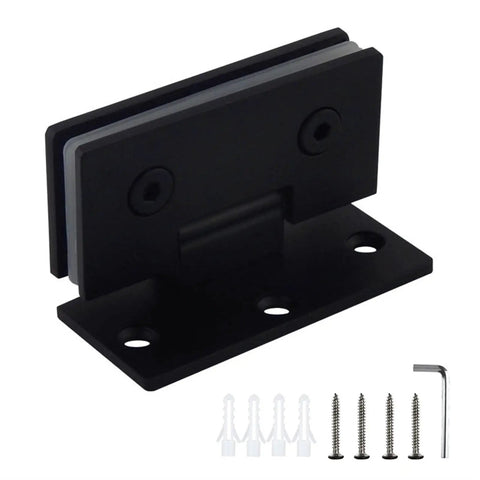 Nasty Good Heavy Duty 90 Degree Glass Door Hinges Stainless Steel 304 Wall Mount Black Shower Door Hardware with brackets and screws.