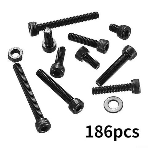 Heavy Duty Carbon Steel Hex Socket Head Cap Screws Kit 186 Piece Set With Nuts And Washers Black Finish For General Machinery And Home Repairs Q235 Level Four Point Eight Grade Tough As Nails Fasteners, 186pcs bolts