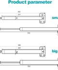 Product dimensions for Heavy Duty Automatic Door Closer With Aluminum Alloy Body, showing small and big size options.