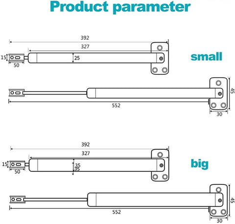 Product dimensions for Heavy Duty Automatic Door Closer With Aluminum Alloy Body, showing small and big size options.