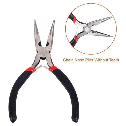 Chain nose plier without teeth from 19 Piece Jewelry Making Tools Kit With Zipper Storage Case For Crafting And Repair Perfect DIY Beading And Wirework Set For Beginners And Pros At Home.