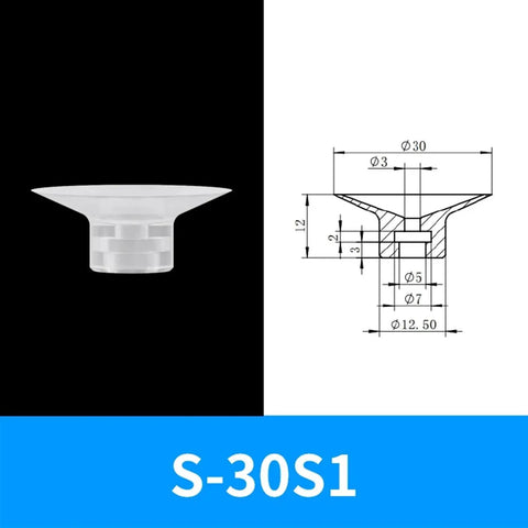 Bulk Pack Of 10 S-30S1 Series Rubber Vacuum Suction Cups For Industrial Pneumatic Manipulator Systems. Clear rubber suction cup with detailed dimensions.