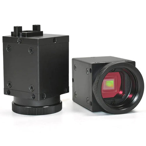 Monochrome USB 2.0 Industrial Camera With 1.3MP Half Inch Sensor C Mount Rolling Shutter 1280x1024 30fps front and side view.