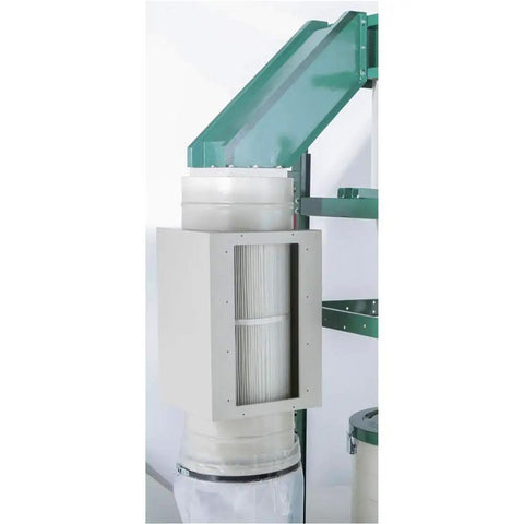 2 Horsepower Dual Filtration HEPA Cyclone Dust Collector features HEPA filter with ducting for fine particle cleanup.