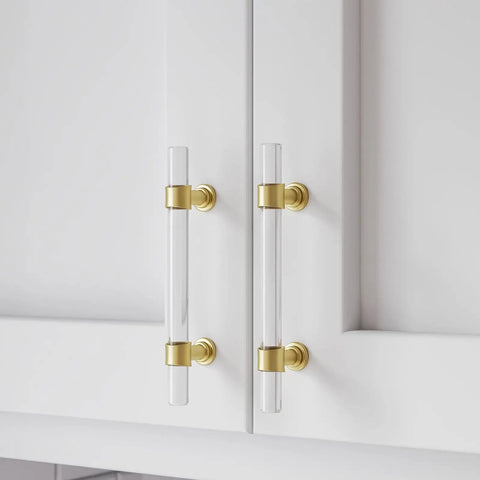 Five Pack Gold Acrylic Drawer Pulls With Brushed Brass Base, Three And Three Quarters Inch Center Hole on white cabinet doors