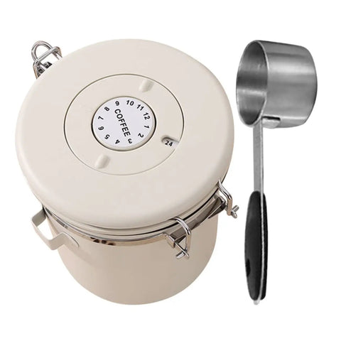 Solid Stainless Steel Coffee Bean Storage Jar Set With Airtight Lid To Keep Your Daily Grind Fresh with measuring scoop.
