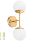 Gold Globe Wall Sconce With Two Lights, Mid Century Modern Globe Wall Light For Living Room Bedroom Hallway Restaurant Stairs And Bathroom, 6000K G9 Bulbs Included, shown with included bulbs.