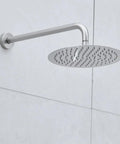 Shower Faucet System, 10-Inch Round Head in brushed nickel mounted on a wall arm, ideal for modern bathrooms.