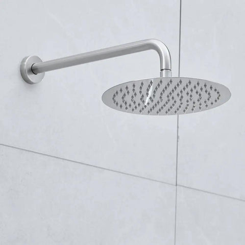 Shower Faucet System, 10-Inch Round Head in brushed nickel mounted on a wall arm, ideal for modern bathrooms.