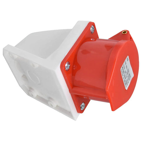 Tough As Nails Industrial Cee Socket Wall Mounted Heavy Duty Polycarbonate Housing With Genuine Brass Contacts Ip44 Weather Proof Plug And Play Power Receptacle Dead Nuts Reliable For Campsites Worksites And Job Sites, angled view of polycarbonate housing.