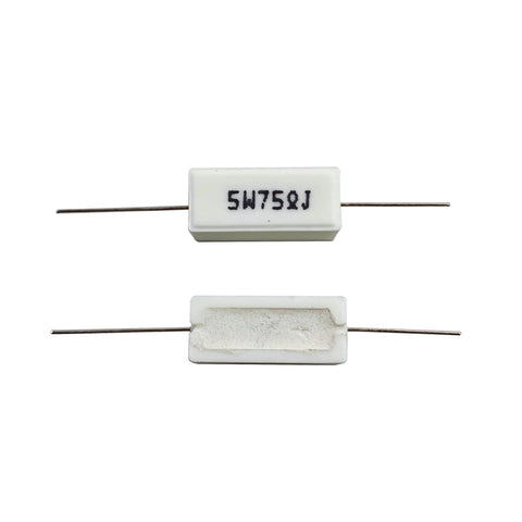 Two ceramic cement power resistors, 5W, 75 ohm ±5%, axial leads, front and back views