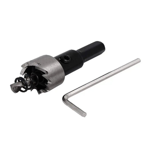 18mm Hole Saw Set With 66mm Long HSS Spring Loaded Twist Drill Bits, 5mm Shank, Includes 4 Hole Saws, 4 Hex Wrenches, And Case For Wood Plastic Metal Cutting DIY Ready, shown with one drill bit and hex wrench