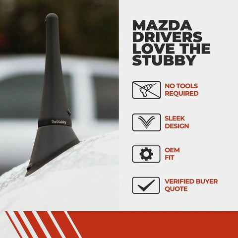 Stubby Antenna For Mazda Miata 2006-2026, 3.8 Inch Short Antenna Replacement That Keeps A Clean Factory Look, with installation features.