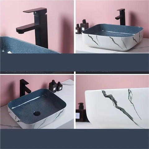 USZWBY Modern Nordic Art Above Counter Ceramic Rectangular Vessel Sink Thickened Basin for Bathroom Countertop Vanity with black faucet