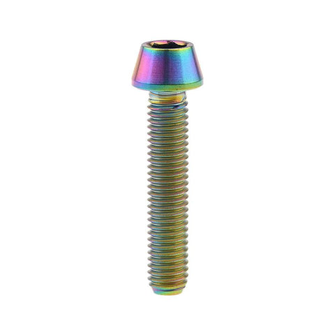 Rainbow titanium M5 bolt with tapered head; single screw for DIY projects