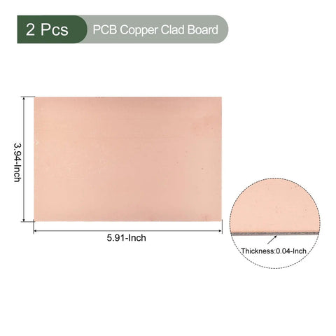 Two Pack Copper Clad PCB Boards 150mm By 100mm By 1mm Single Sided FR4 Blank Circuit Board For Electronics Hobbyist Etching And DIY Circuit Projects For Beginners showing dimensions and thickness detail.