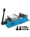 Rock Solid 8 Inch Milling Vise With 7.9 Inch Jaw Width Built Tough For Cnc Benches And Drill Press Vise, blue iron body, includes bolts.