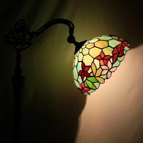 Tiffany Style Floor Lamp With Dope Stained Glass Shade In Red And Green Floral Arched Gooseneck Reading Light Bronze Base Tall 66 Inch Arc UL Certified Foot Switch