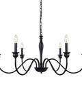 Six Light Farmhouse Chandelier in Black Iron for Dining Room and Kitchen Island with classic candle style stems