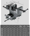 Hardened Steel Two Way Cross Slide Vise With Precise Laser Readout And Chunky Powder Coated Cast Iron For Drill Press Bench Mods And Cnc Milling with detailed dimensions.