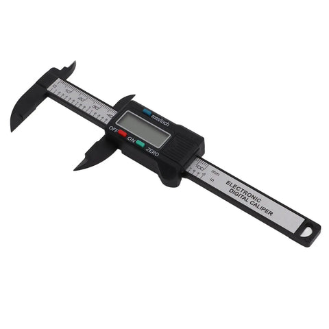 YUEHISY Digital Caliper Mini LED 0 100mm Plastic Lightweight Portable in black with digital display and measurement conversion buttons.