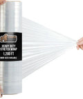 Person pulling Beefy Heavy Duty Stretch Wrap Film With 500 Percent Stretch 60 Gauge Clear 1200 Ft Shrink Wrap Roll 17 Inch