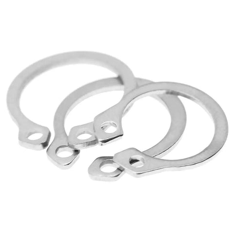 Stainless Steel C Clip Circlip External Retaining Rings Set 9mm To 14mm in close-up, showing individual rings' design and material
