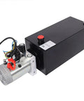 Heavy Duty 12V DC Hydraulic Power Unit With 3HP Pump And 8 Quart Steel Reservoir showing motor and tank components.