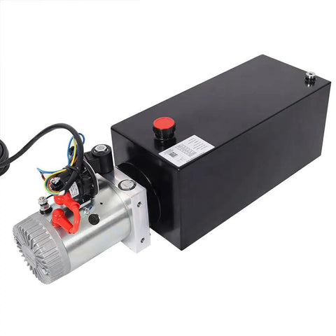 Heavy Duty 12V DC Hydraulic Power Unit With 3HP Pump And 8 Quart Steel Reservoir showing motor and tank components.