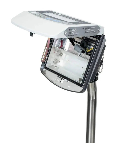 Top Shelf Digital Bench Scale Holding 300 Lb Capacity And Ntep Certification for Legal Trade, showing adjustable LCD panel.