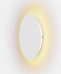 LUXLUCIO Hardwired 9" Round Backlit White Modern Indoor LED Wall Sconce showing warm yellow glow against a white wall.